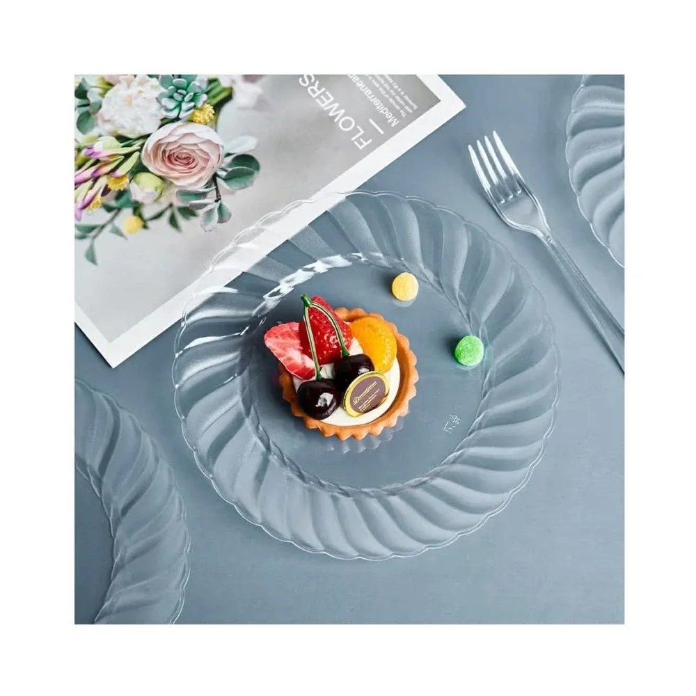 FOCUSLINE 100 Count Clear Plastic Plates 9 Inch, Disposable Heavy Duty Dinner...